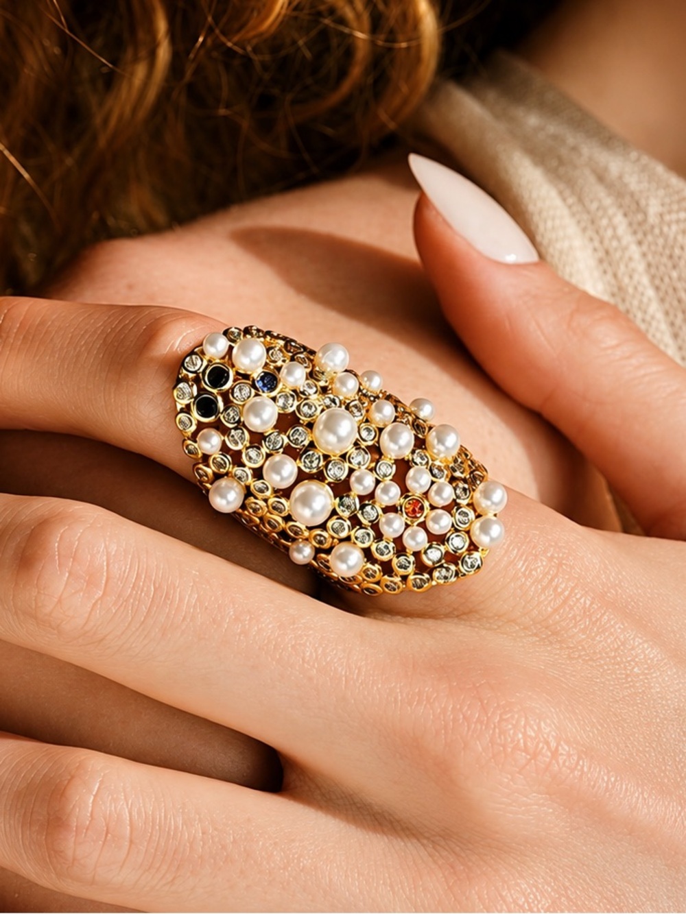 Gold Pearl Cocktail Statement Ring